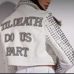White leather moto jacket with stone lettering detail